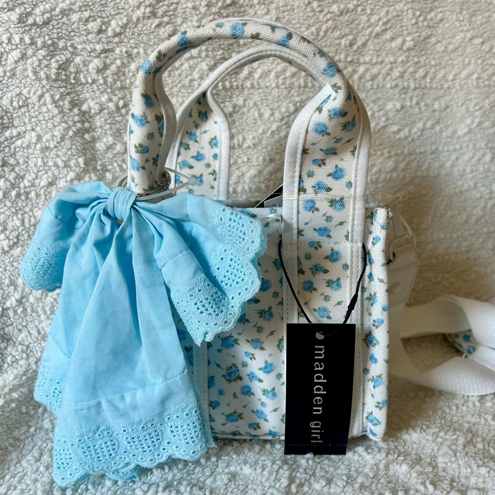 Viral Madden Girl Blue Floral Canvas Mini Tote Crossbody Strap Coquette Easter